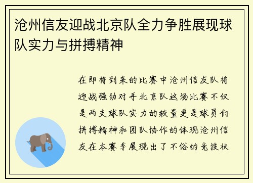 沧州信友迎战北京队全力争胜展现球队实力与拼搏精神