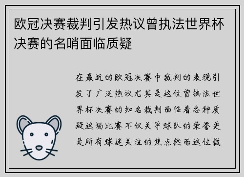欧冠决赛裁判引发热议曾执法世界杯决赛的名哨面临质疑